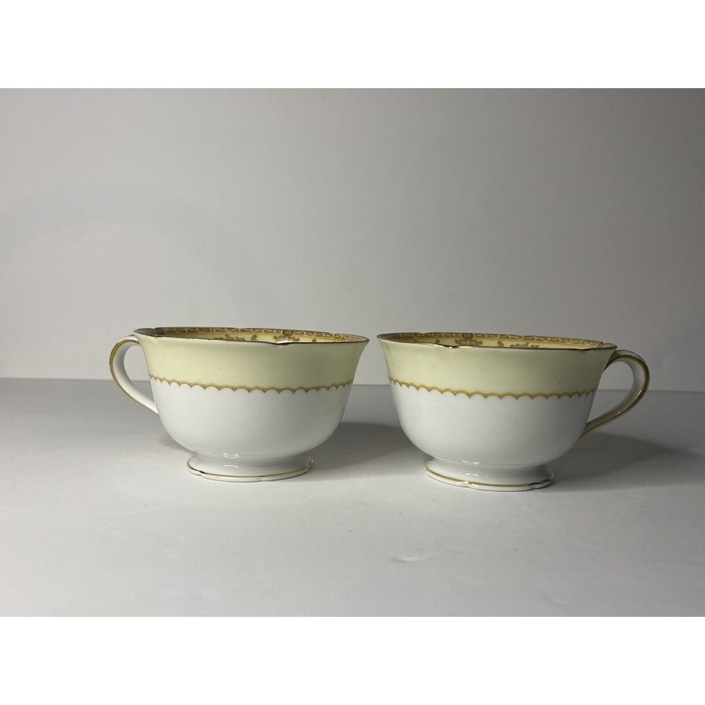 Two Noritake Fine China Porcelain Tea Coffee Cups Floral Scroll Yellow Wht Gold